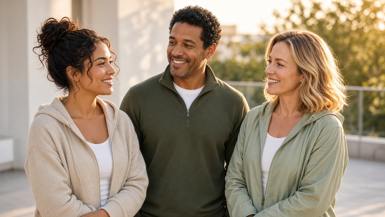Confident adults smiling in golden light — brand lifestyle imagery